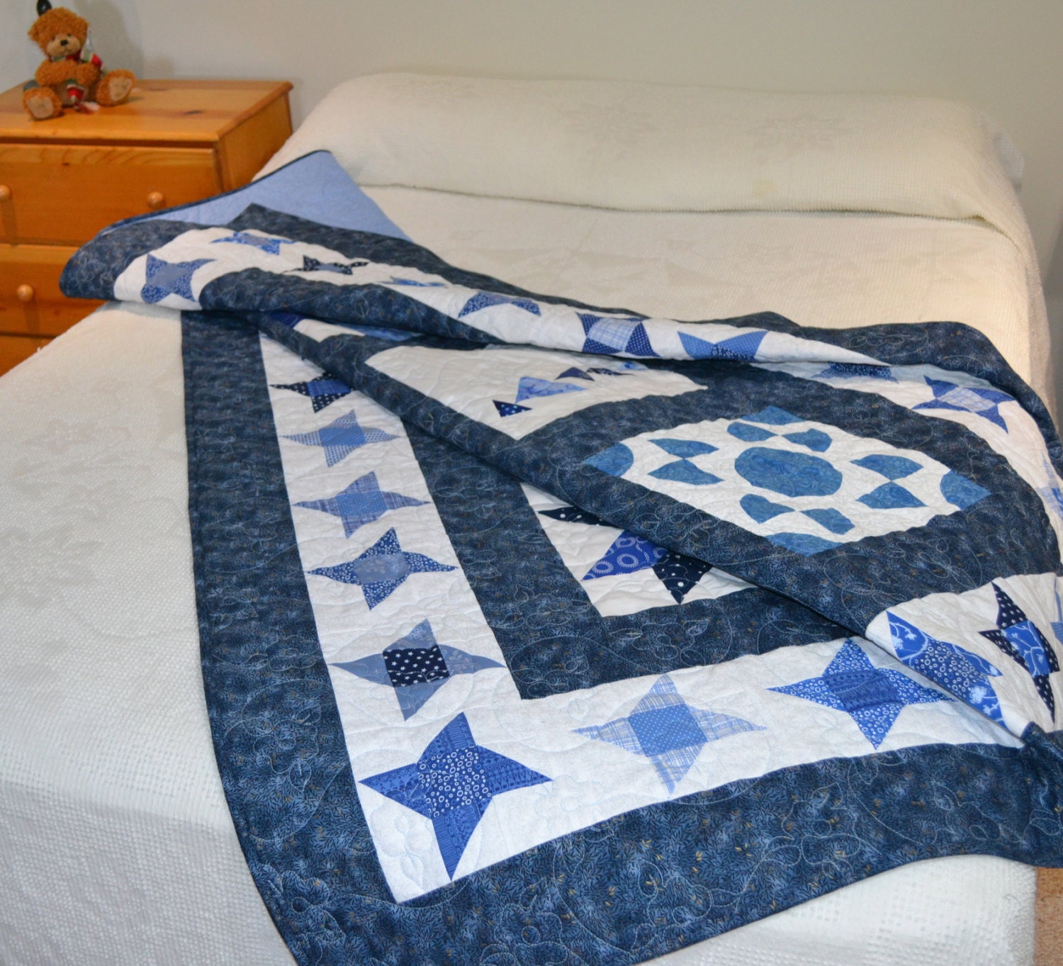 Patchwork Quilt, Blue and White Sampler Quilt, Twin Bed Quilt