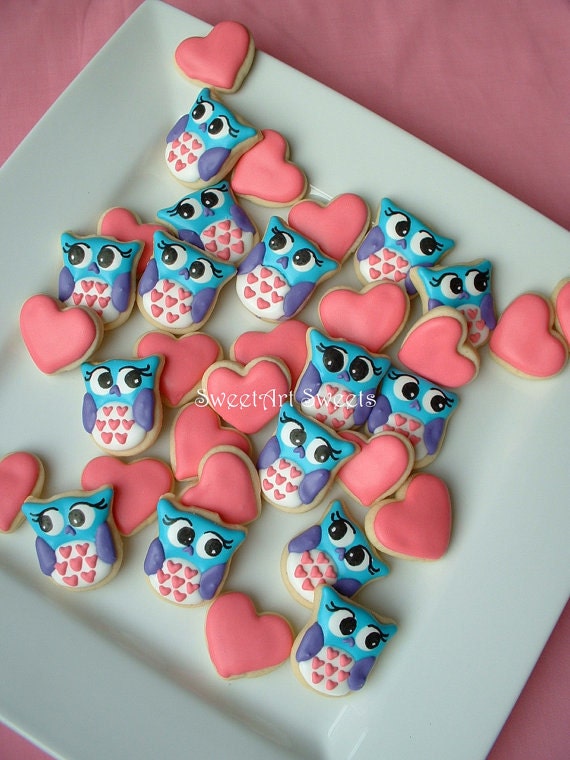Owl cookies and Hearts - Valentine Cookies - 2 dozen