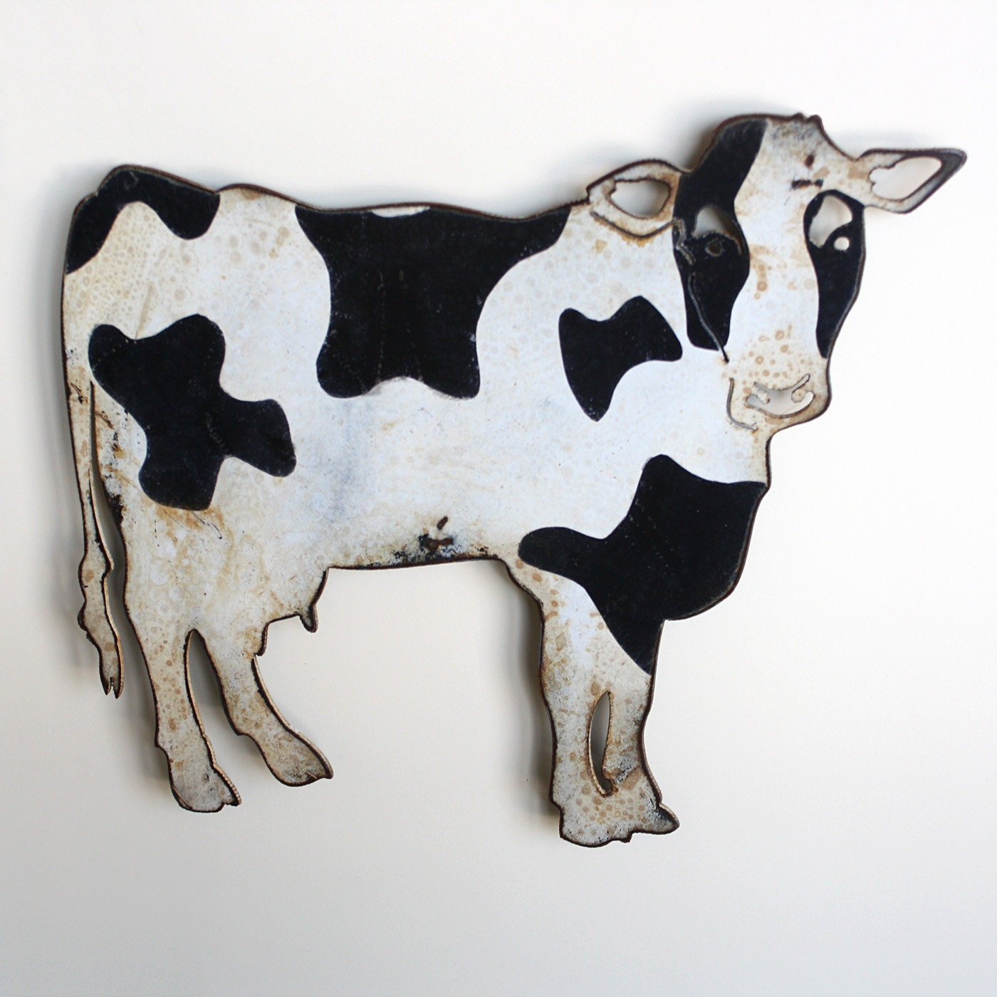 Cow metal wall art - 15" wide holstein milking cow - wall hanging painted rusted steel