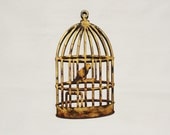 Birdcage with bird - metal wall art - 22" tall - bird in cage - gold and yellow with rust accents patina - steel art