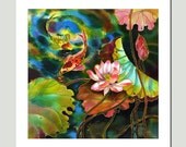 GICLEE Print-Of Original Painting-SILK Painting-Acrylic Painting-FISHES-Lotus-Koi -13inX19in
