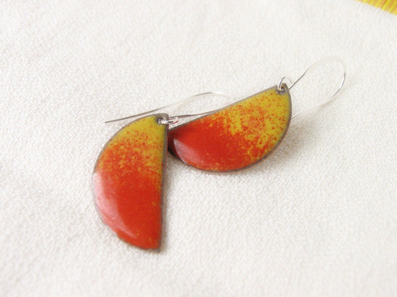Enamel earrings yellow orange dangle drop summer jewelry fashion halfmoons by Alery