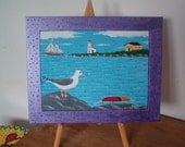 Orig. FOLK ART PAINTING Nova Scotia Lighthouse ship Nautical Ship Ocean maritime Blue Seagull 8''x10''