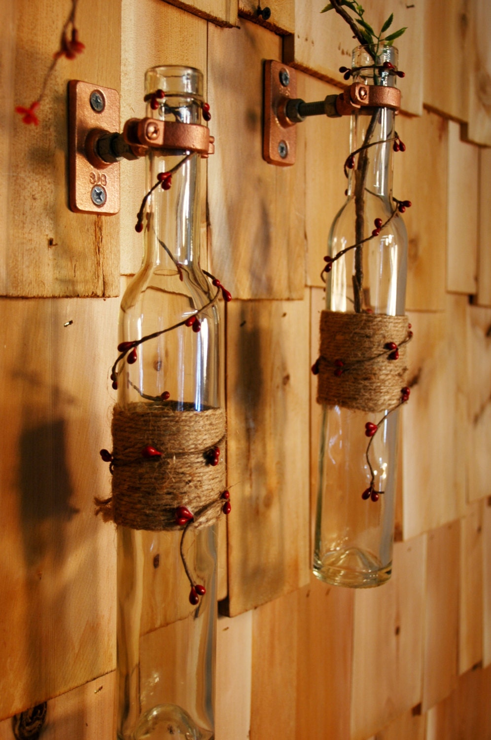 Gorgeous Pip Berry Garland and jute wrapped wine bottles stem holders or oil candles