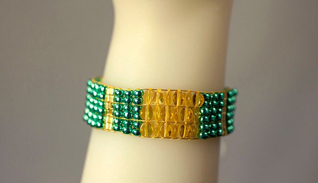 Seed bead bracelet, blue green and gold