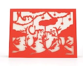 Merry Christmas Reindeer - Red - Paper Cut Holiday Greeting Card