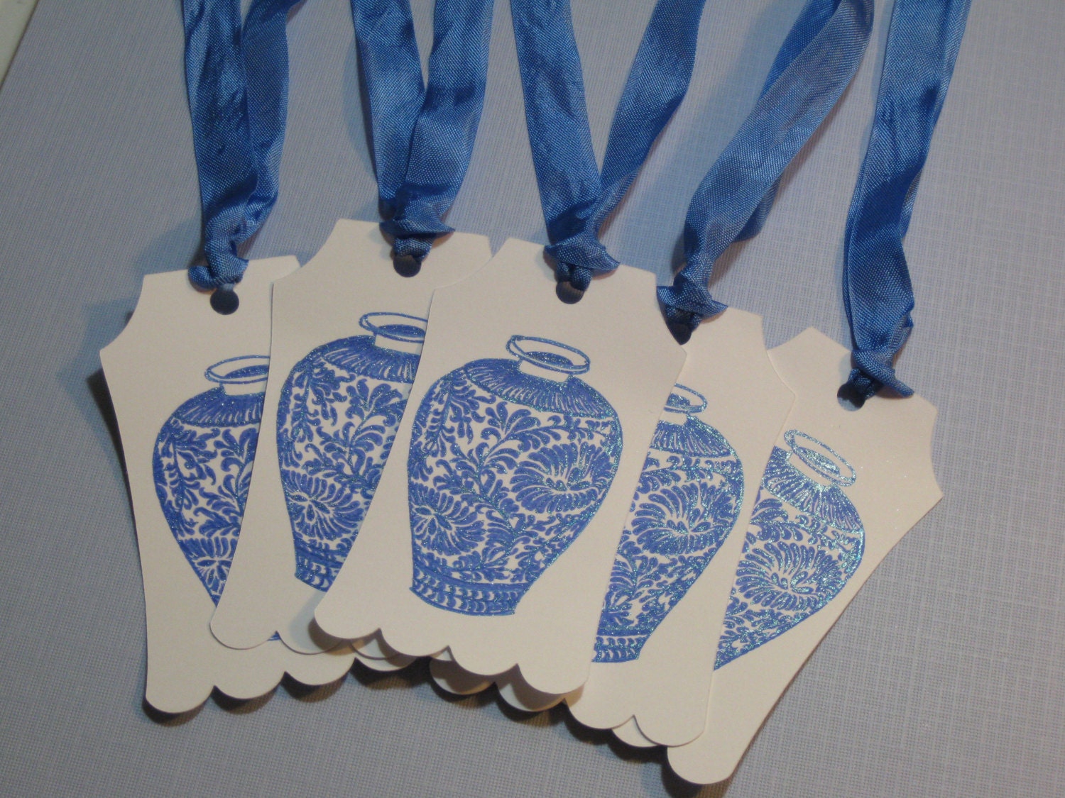 5 Blue and White Gift tags with an Oriental Vase