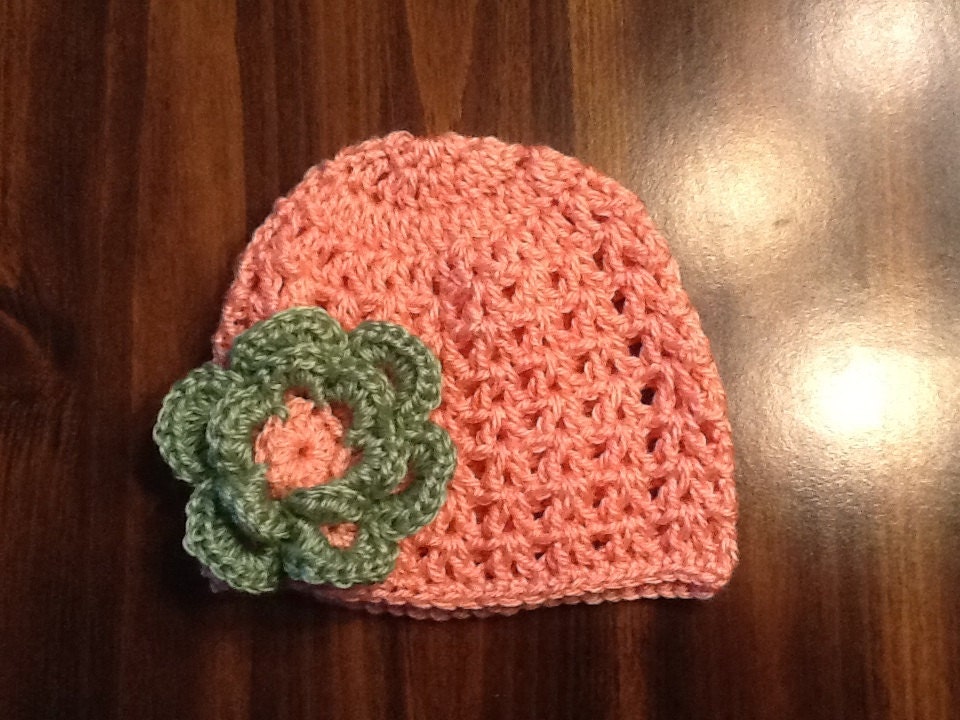 Peachy Pink and Green Baby Hat.