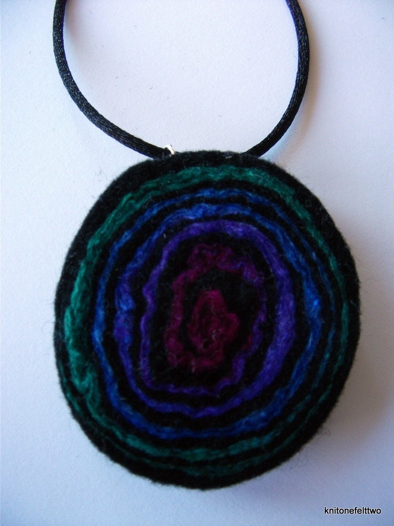 Handfelted green, blue, purple & pink mulberry silk and wool spiral pendant on a black satin cord necklace
