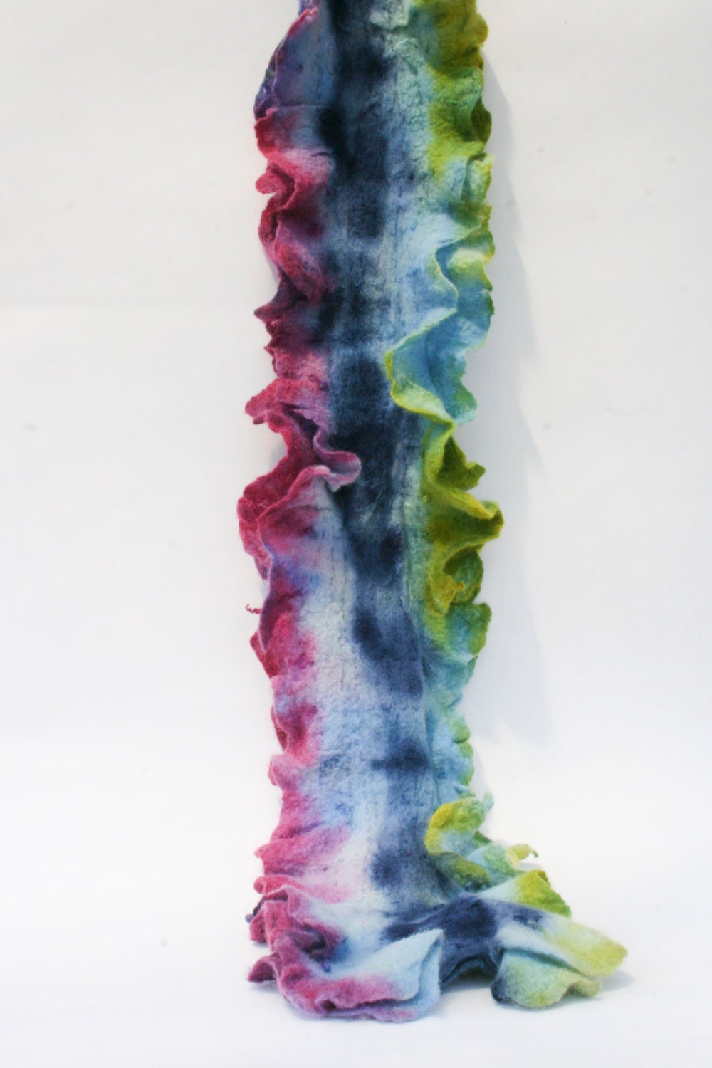 Felted Dyed Scarf Shawl Ruffle  - Green Lilac Purple