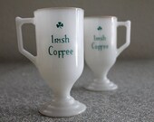 vintage milk glass pedestal coffee mug / shamrock irish coffee / st. patty's / mid century