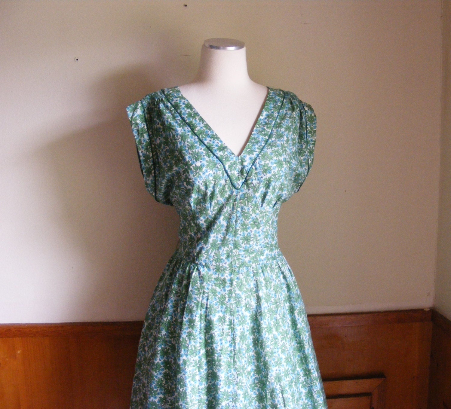 50s dress spring green floral print cotton full skirt M