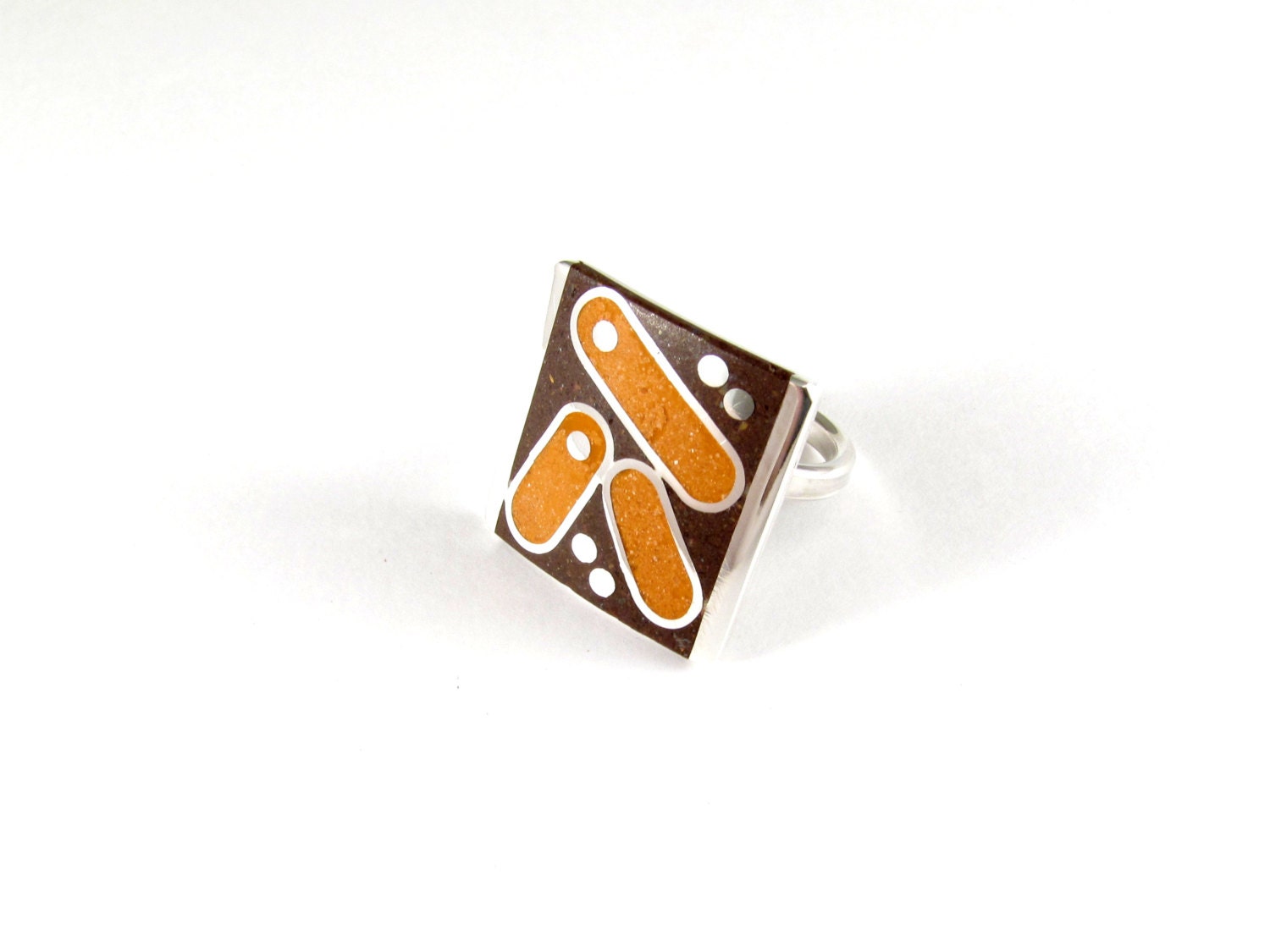 Sterling Silver Ring - Geometric Design - Orange and Chocolate - OOAK