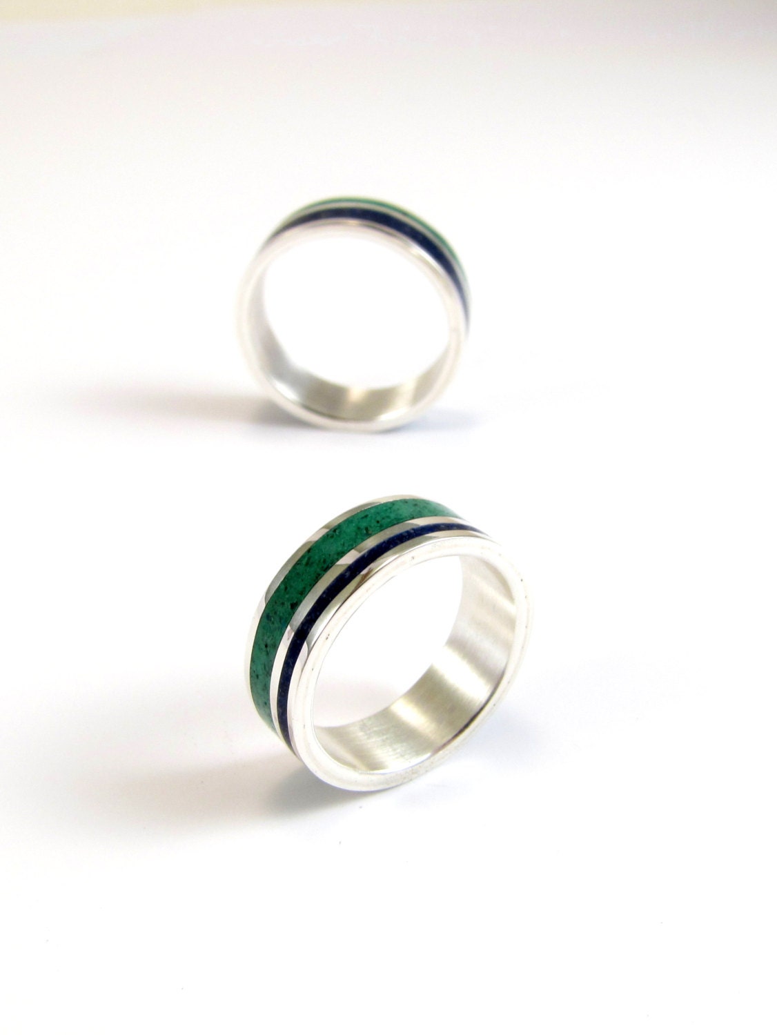 TWO Sterling Silver Rings -   Wedding  Band Set  - Blue and Green  - Color Lines - Unisex