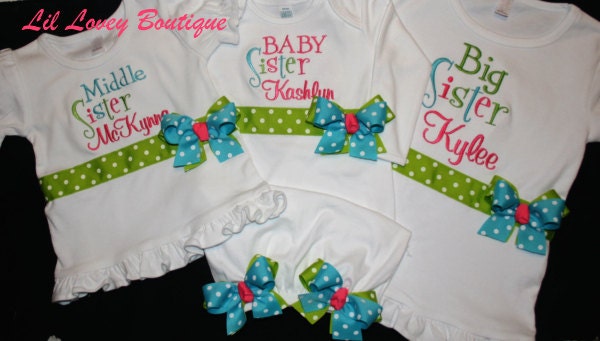 PERSONALIZED....SWEET SISTERS.... Big Sister, Middle Sister and Baby Sister T-Shirt and Layette Gown For Baby Girl and Toddler