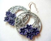 Silver and Purple Earrings, Hoop, Hand Painted, Flower Earrings, Dangle, Filigree, Summer, Gift for Her