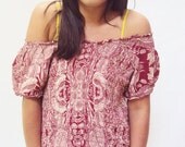 15% off Memorial Day Sale Festival top CROSS print BOHO HIPPIE Off shoulder Puff Sleeves Crop Top Stretchy Smocked Small S Med M Tank Top