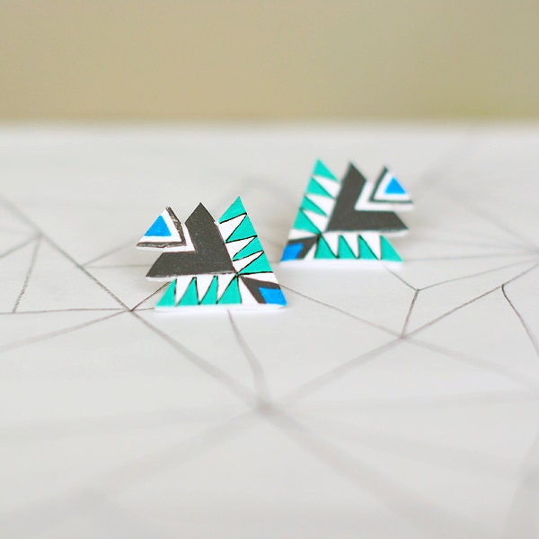 geometric mint green and gray tribal stud earrings