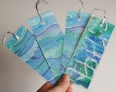 4 x  Beautiful unique individual art Handpainted laminated bookmarks water-colour blue green with ribbon