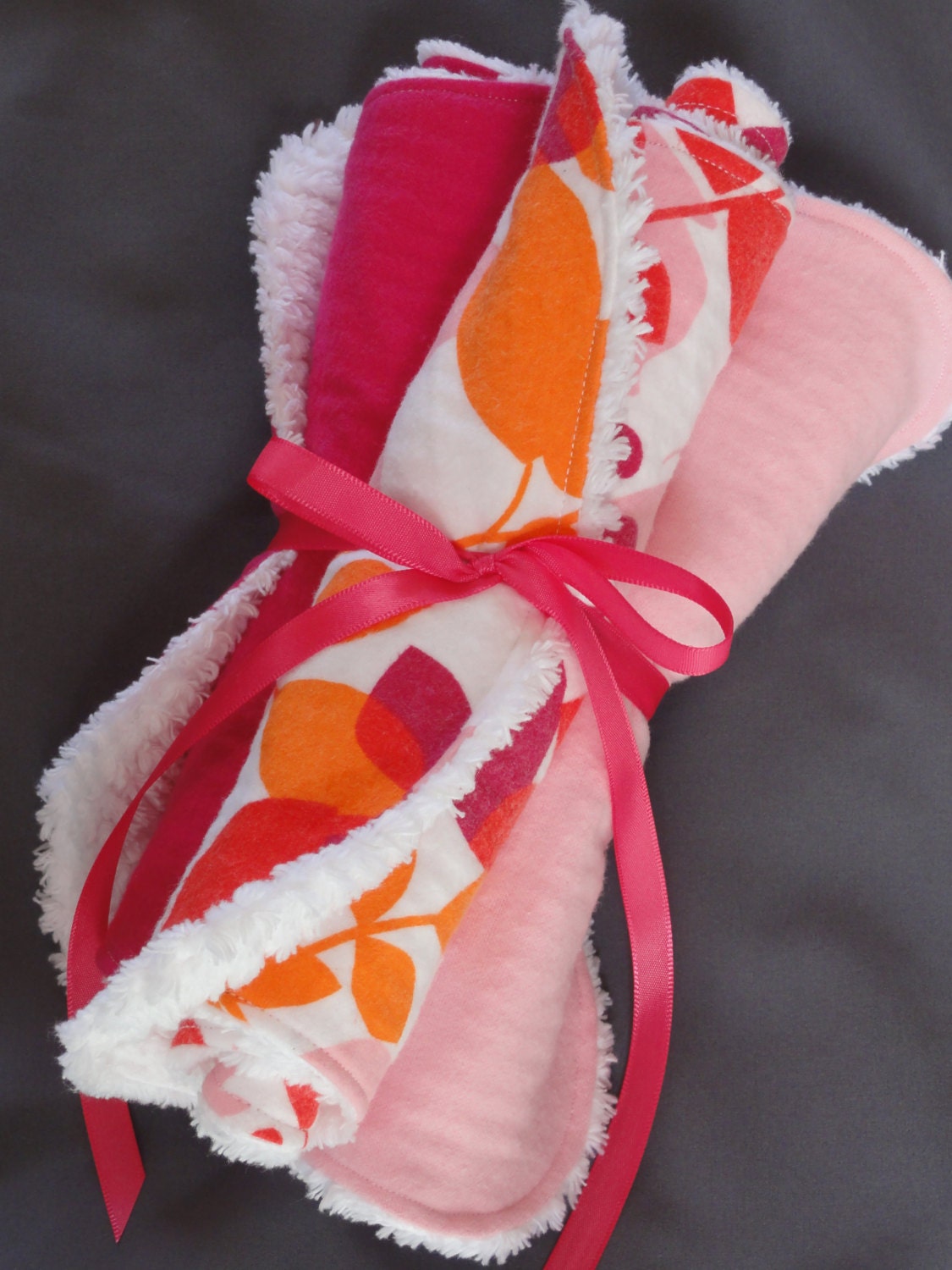 Pink/Orange Butterfly Flowers, Contoured Girl Burp Cloths, Set of 3