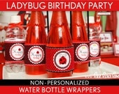 Ladybug Birthday Party - Water Bottle Wrappers & Bonus: Straw Flags NonPersonalized Printable // Ladybug - B35Ne