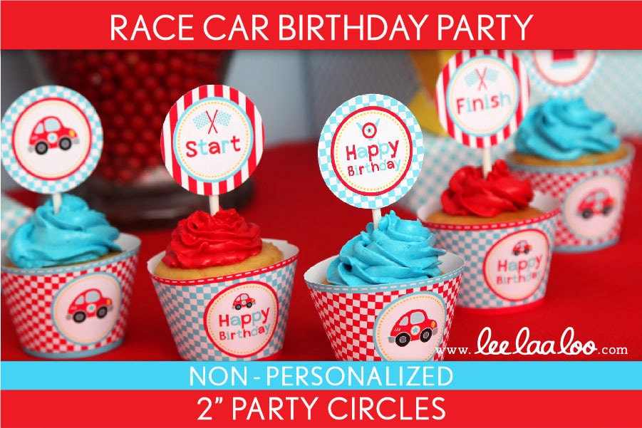 Race Car Birthday Party - 2 inch Party Circles & Bonus: Cupcake Wrappers NonPersonalized Printable // Cute Race Car - B36Nd