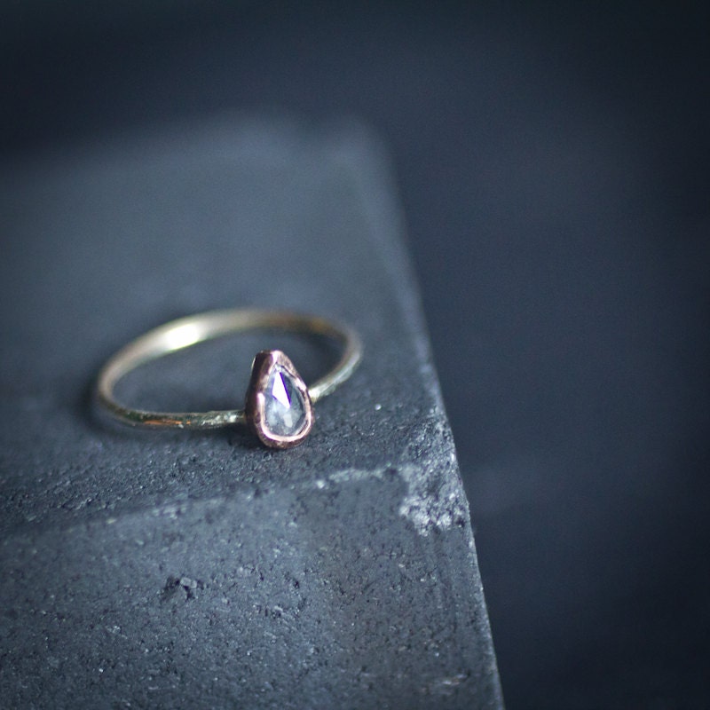 Rose Cut Pear shaped Pale Pink Diamond 14k white and rose gold