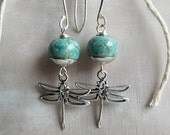 Lampwork Earrings, Light Turquoise Earrings, Dangle, Beaded, Beadwork Earrings, Silver Dragonfly Earrings
