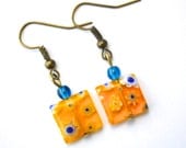 Yellow Millefiori Glass Squares . Earrings