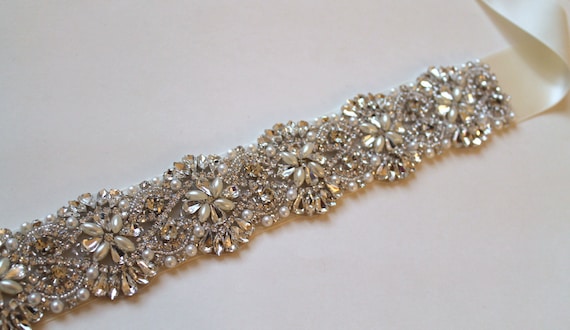 Bridal beaded swarovski pearl & crystal luxury couture wedding sash/belt. DUCHESS PEARL