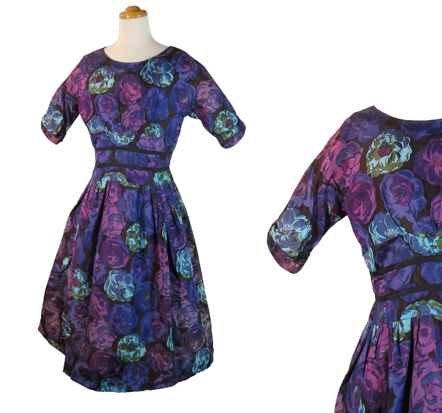 1950s Blue and Violet Floral Taffeta Dress with Full Skirt by J. Harlan Originals. Large