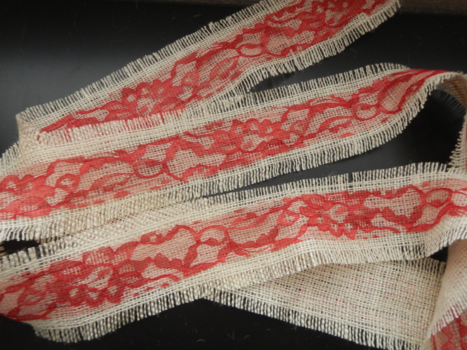 Burlap and Lace Ribbon, Red Lace and Oyster Frayed Burlap Ribbon, Use for Wedding, Shower, Party, Home Decor, Crafting