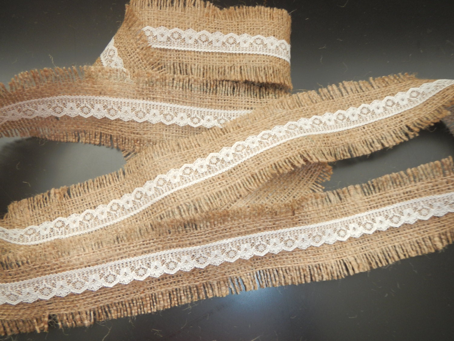 Burlap and Lace Ribbon, Cream Lace and Rustic Brown Frayed Burlap Ribbon, Use for Wedding, Shower, Party, Home Decor, Crafting
