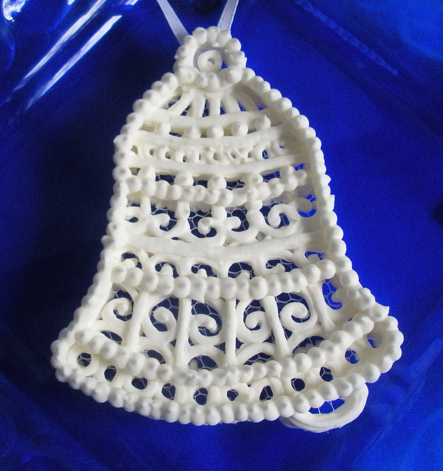 Bell Sugar Ornament White Hand Piped Filigree Hand Made Weddings Anniversaries Christmas Holiday Decor Custom Cake Topper