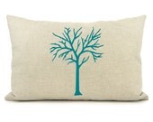 Woodland, Spring home decor, Colorful, Rustic chic - Tree pillow cover in natural beige and teal with zebra pattern back
