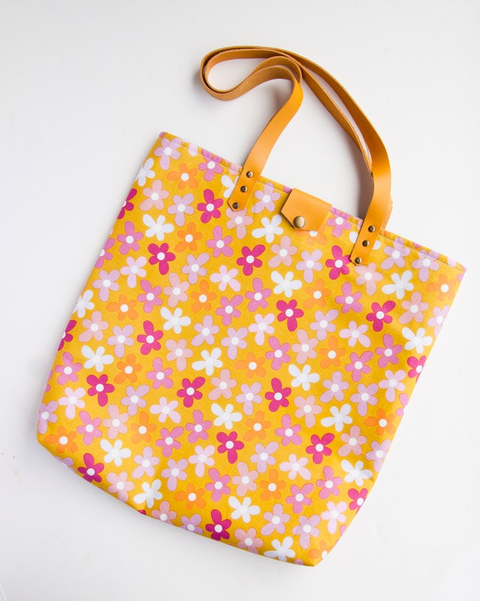 Colorful fun roomy tote bag with mustard yellow leather handles
