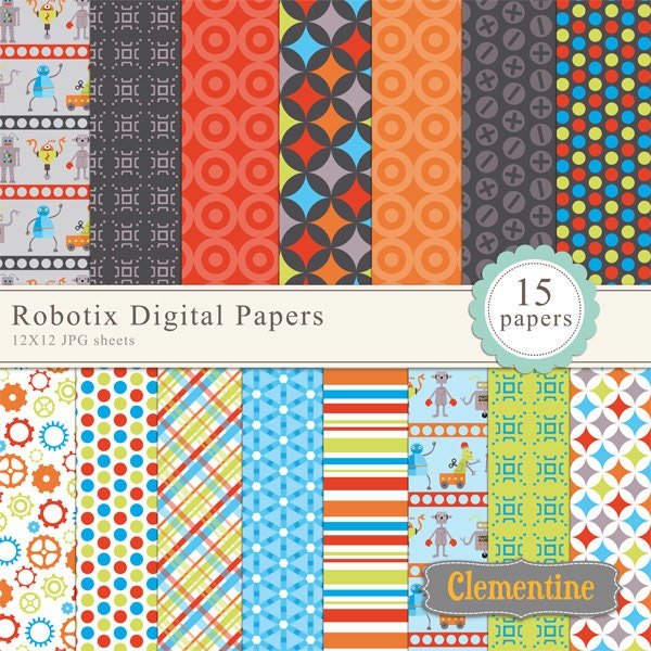 40% OFF SALE -Robot digital paper 12x12, digital scrapbook paper, commercial use- Instant Download