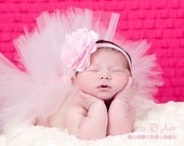Pink Tutu and Headband SET - Sweetheart Cupcake Style Newborn, Baby or Toddler Tutu Set - Pink Tutu Satin Puff Flower Headband