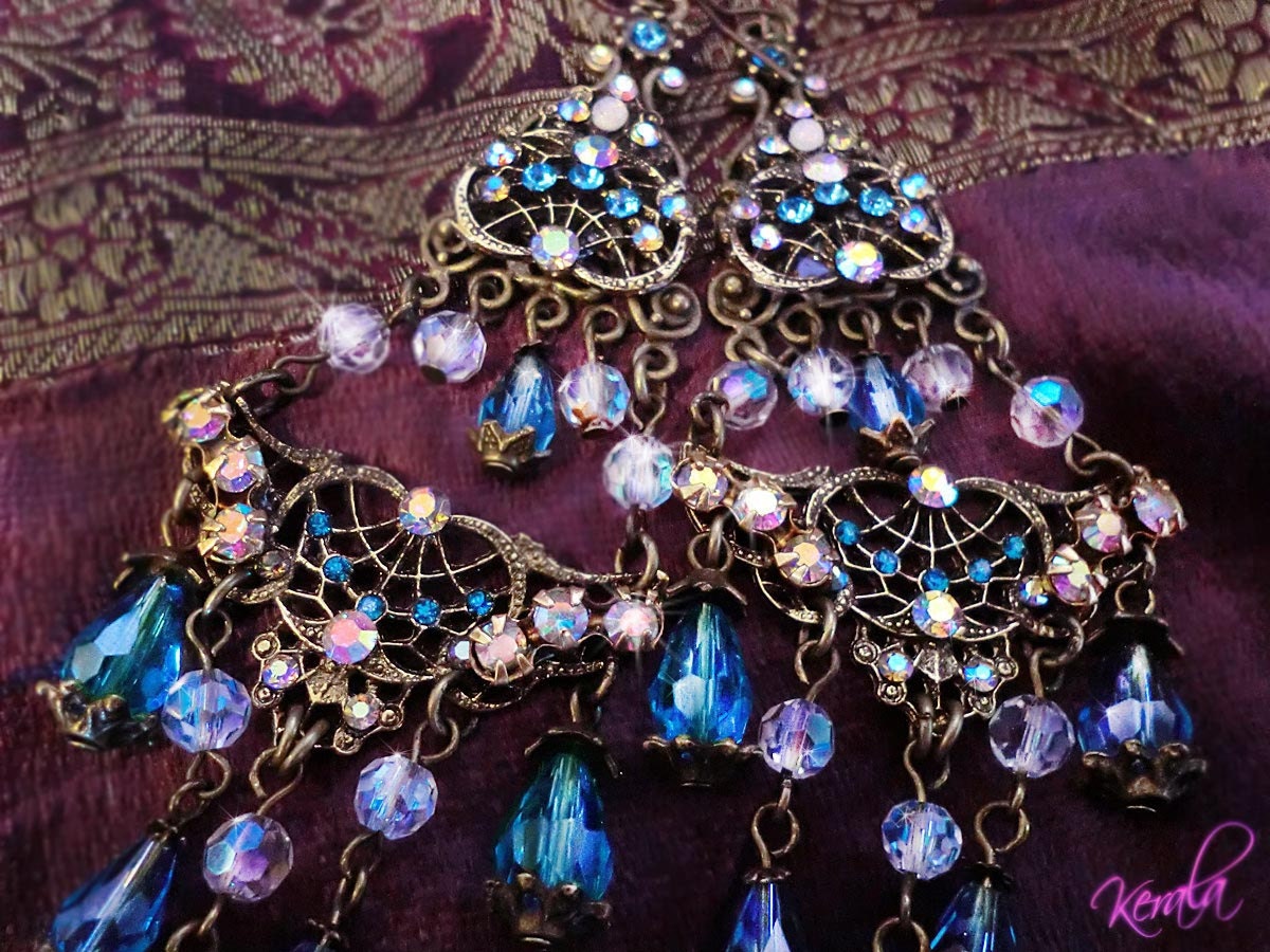 Long Ornate Aquamarine Crystal Chandelier Earrings-  Antique Bright Blue Renaissance Filigree Earrings- Edwardian Jewelry, Turquoise -MTO