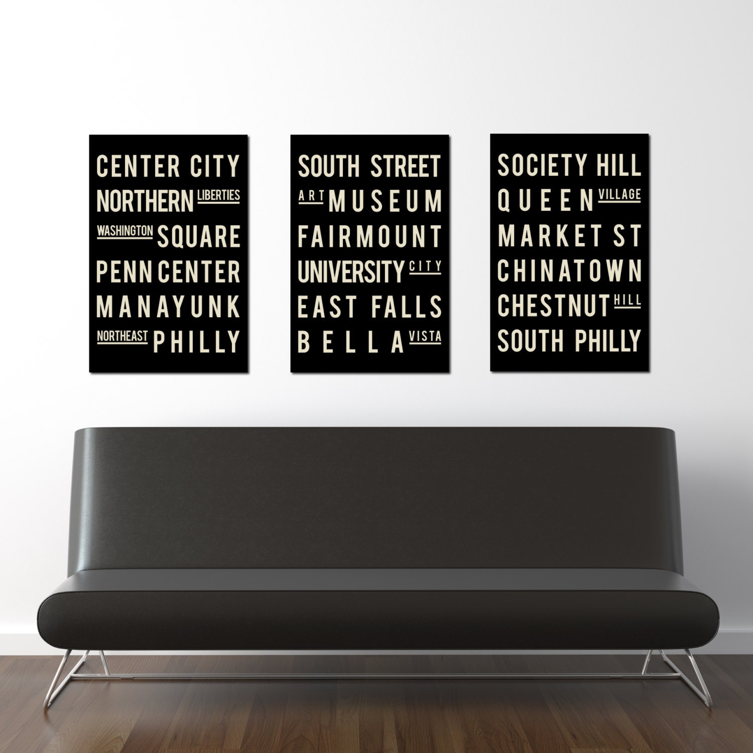 Philadelphia Sign, City Typographic Poster, Letterpress Style, Living Room Decor, Black and White, Modern Art Print, Set of 3 Posters, 18x24