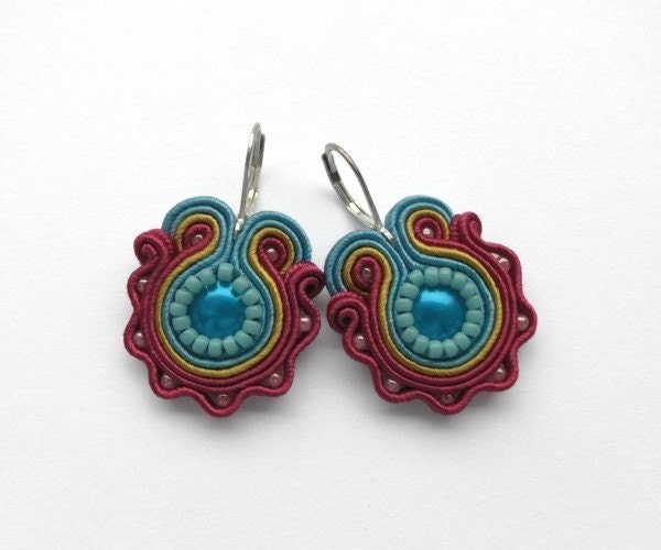 Floral earrings flower flowers spring turquoise rose mustard yellow hand embroidered earrings soutache earrings