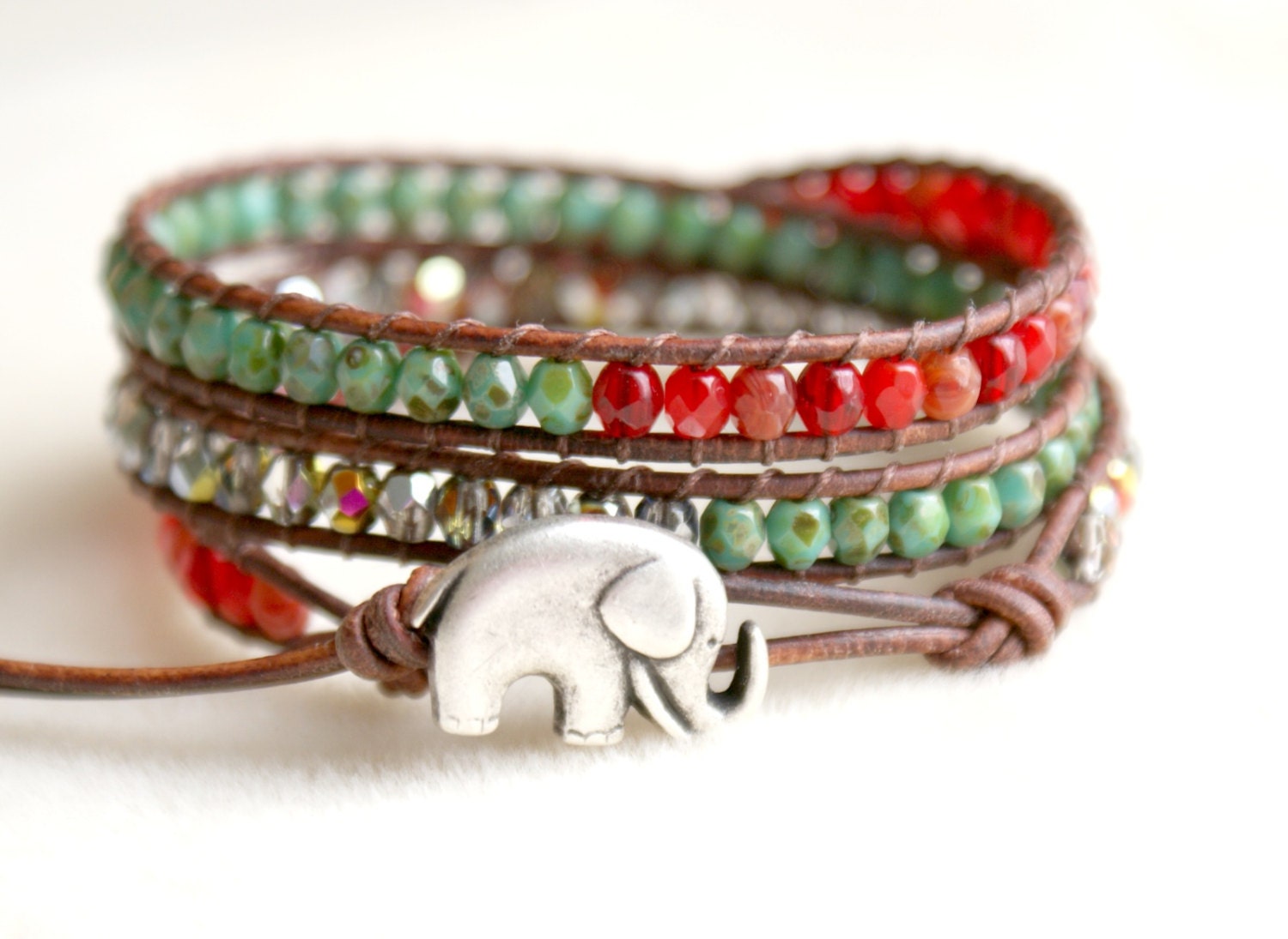 Antique Red, Silver, Turquoise Bohemian beaded leather wrap bracelet, good luck elephant, 3x, Chan Luu Style, trendy jewelry