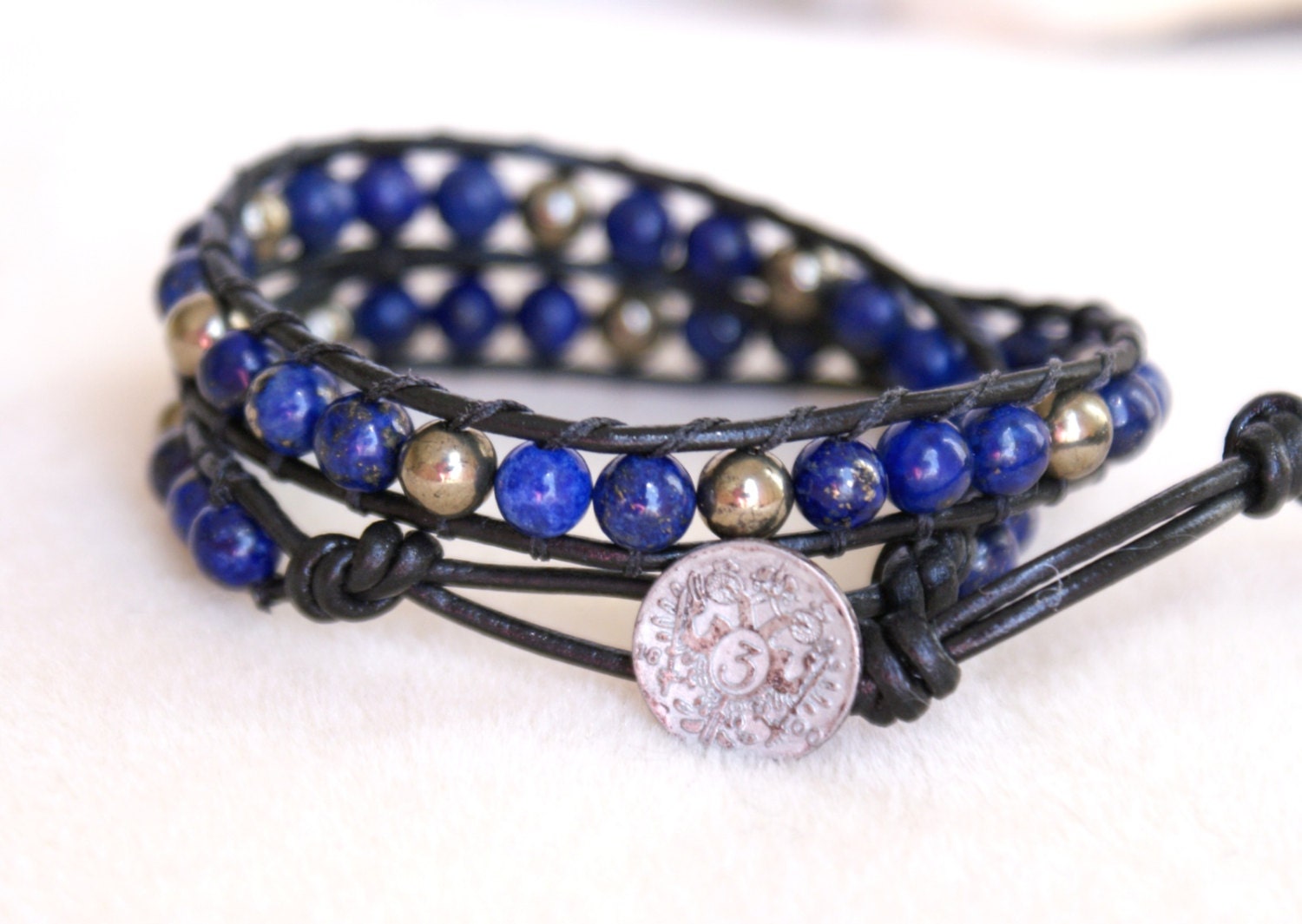 Blue Lapis Bohemian beaded leather wrap bracelet, 2x Wrap, boho chic, Chan Luu style, double wrap bracelet, trendy jewelry, pyrite, rustic
