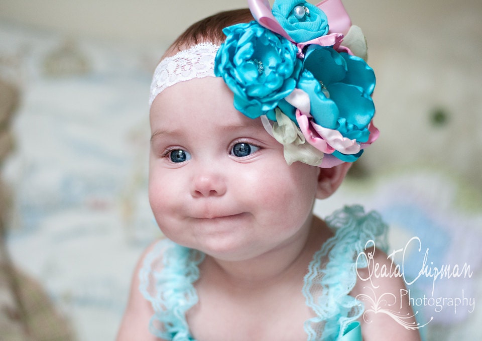 Baby Girl Flower Headband, Headband, Children, Infant Headband, Photo Prop, Flower Headbands/ Turquois, Pink and Mint Flower Headband