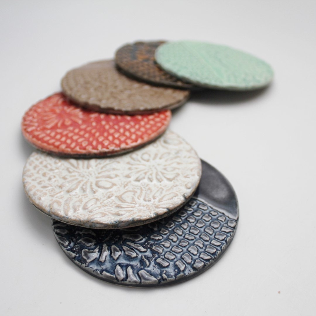 Set of Six Lace Impressed Stoneware Handmade Coasters for Serving and Home Decor