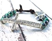 Teal and Purple Pearl Rhinestone Side Cross Beaded Leather Bracelet / Easter Bracelet/ Urban Luxe Boho Chic/ Free Shipping
