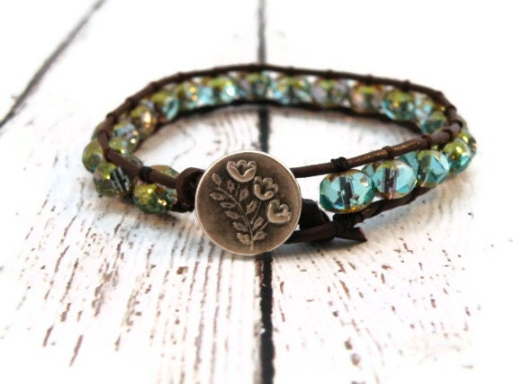 Boho Triplet Flower Leather Wrap Bracelet with Blue Pink Czech Beads/ Free Shipping/ Boho Spring Flower Chic