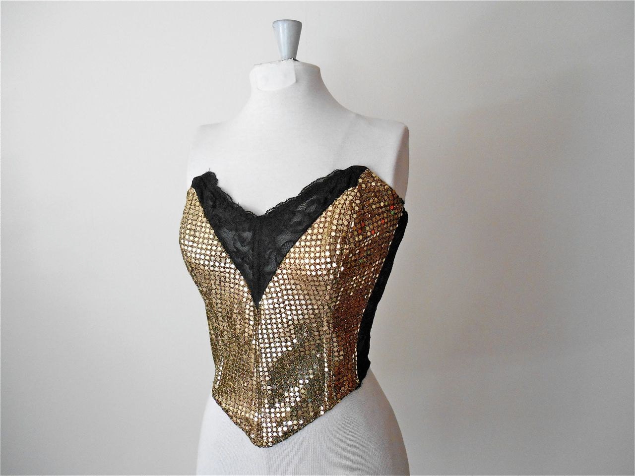 80s Bustier and Jacket Set / Very Versatile / Black and Metallic Gold / Size Small