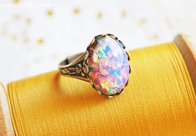 Vintage Pink Glass Fire Opal Ring- Antiqued Brass Oval Opal Ring