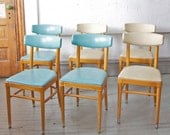 Mid Century Modern Set of (6) Thonet Bentwood Cafe / Parlor Dining Chairs in Sky Blue and White Vinyl